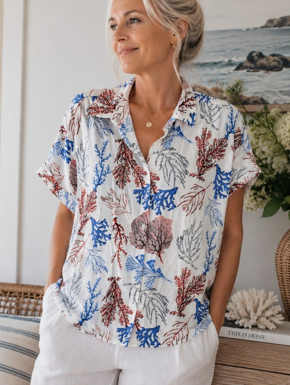 Jane + Delancey Coral Reef Print Linen Blend Button Front Coastal Blouse Top M